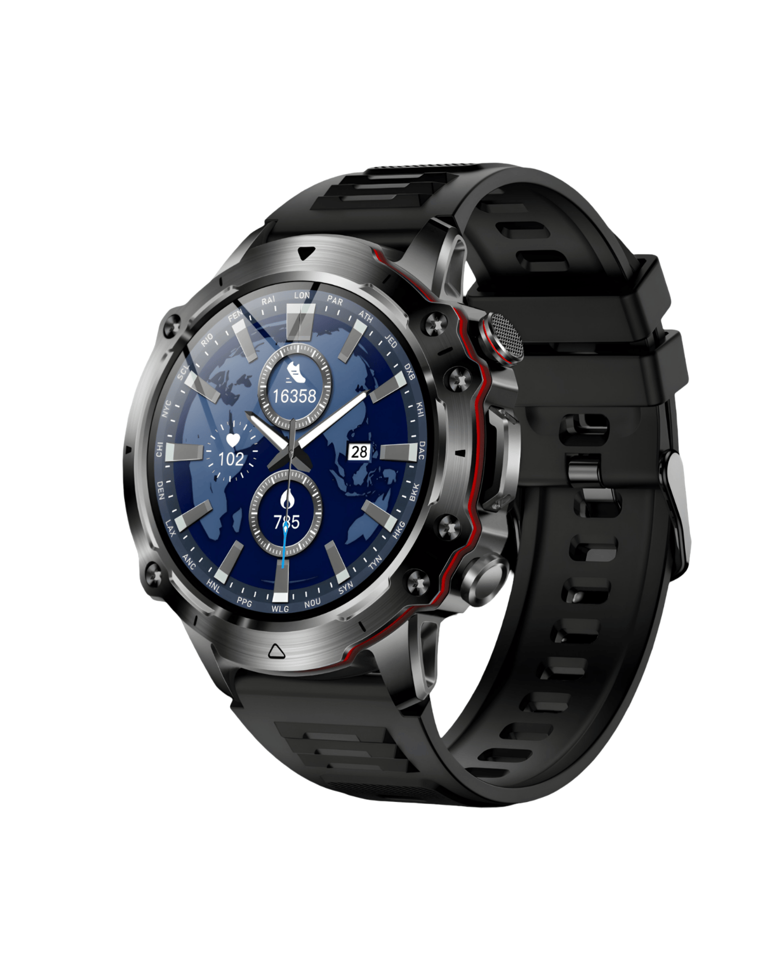 Desna bočna strana pametnog sata SQM Ultra Black sa crnim metalnim kućištem, komandnim dugmadima i crnom silikonskom narukvicom