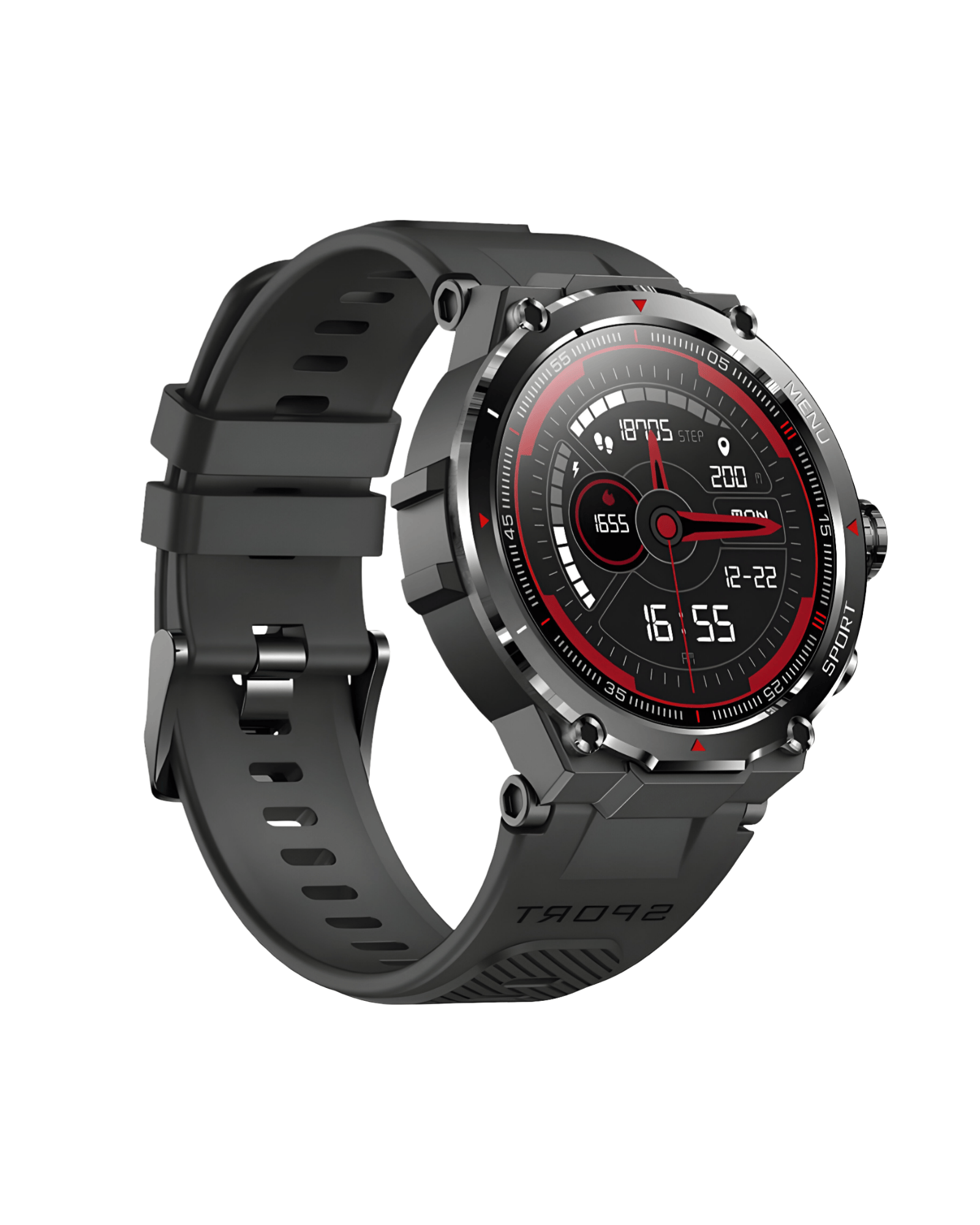 Stratos Black pametni muški sat – leva bočna strana sata, crno kućište, silikon narukvica i aktivan ekran