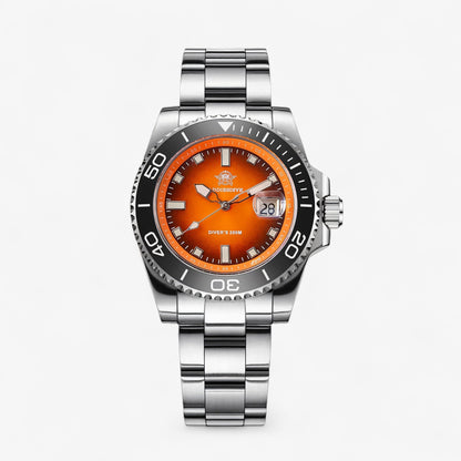 Prikaz prednje strane sata ADDIESDIVE AD2089 sa narandžastim brojčanikom, crnom koronom i čeličnom narukvicom