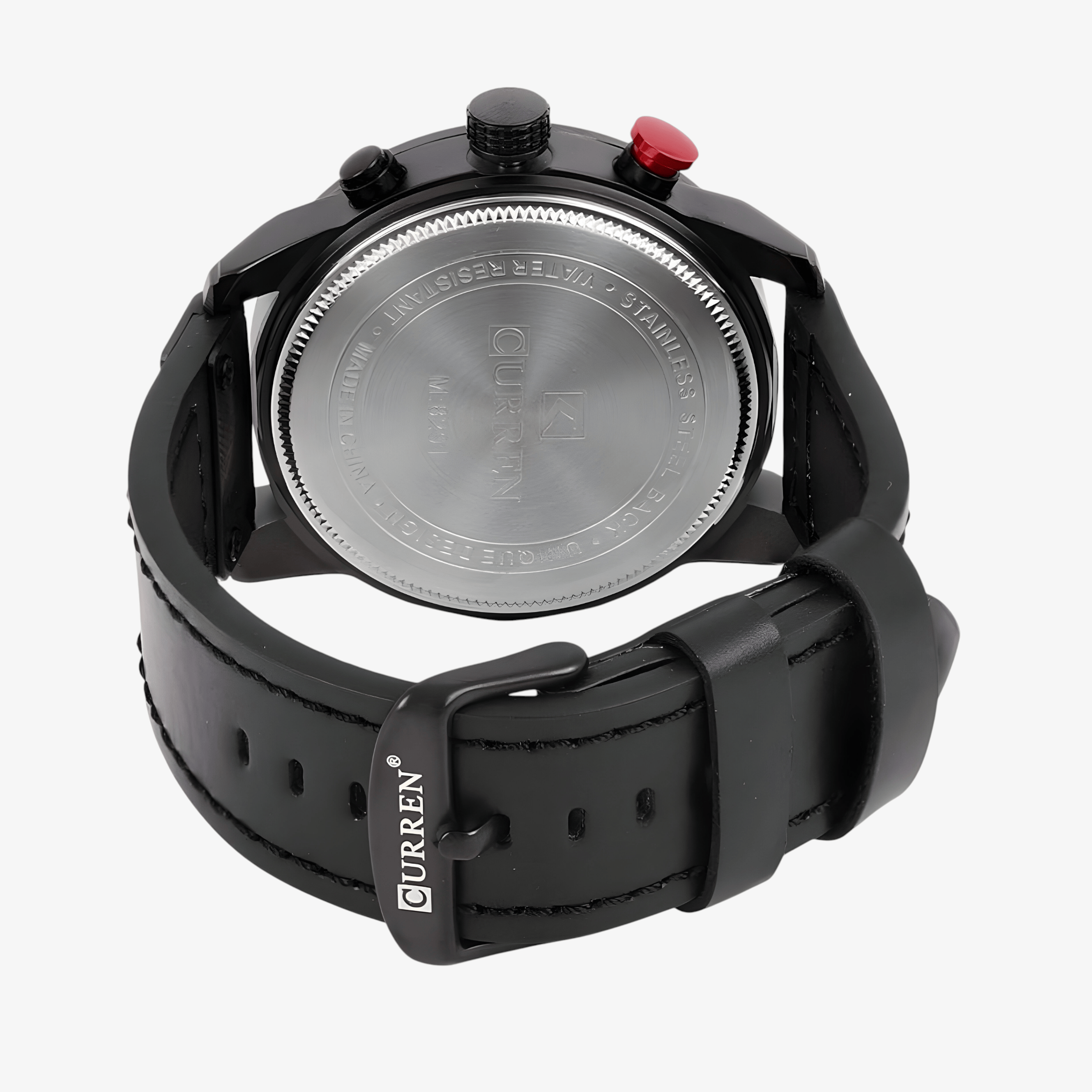 Zadnja strana muškog sata Curren CR-8291 sa metalnim kućištem i kožnom crnom narukvicom