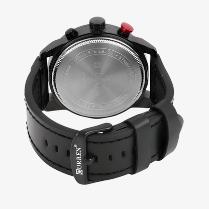 Zadnja strana muškog sata Curren CR-8291 sa metalnim kućištem i kožnom crnom narukvicom