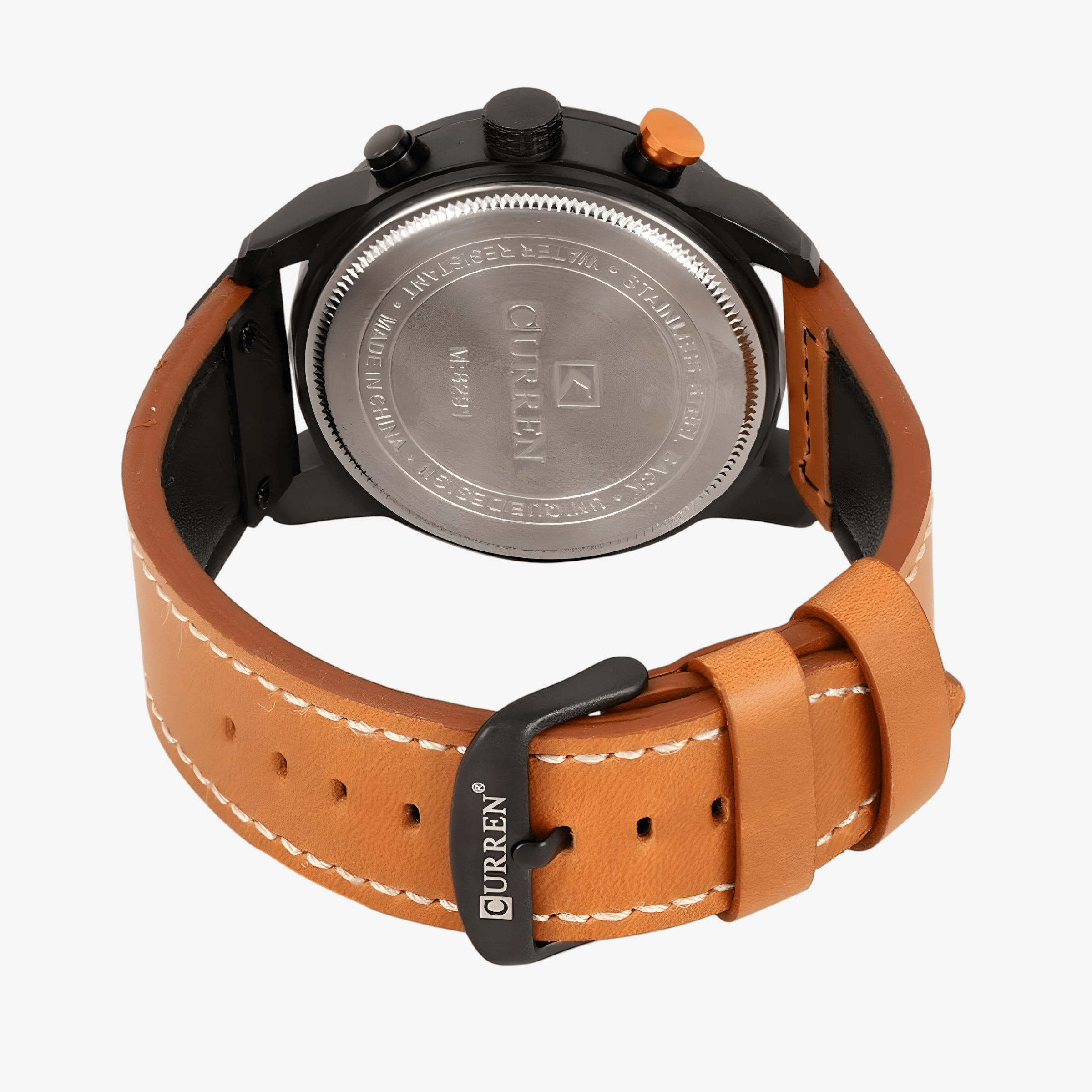 Zadnja strana muškog sata Curren CR-8291 sa metalnim kućištem i braon kožnom narukvicom
