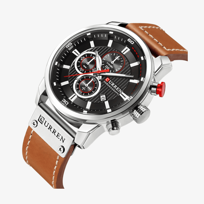 Prikaz čeličnog kućišta i crnog brojčanika izbliza na muškom satu Curren CR-8291