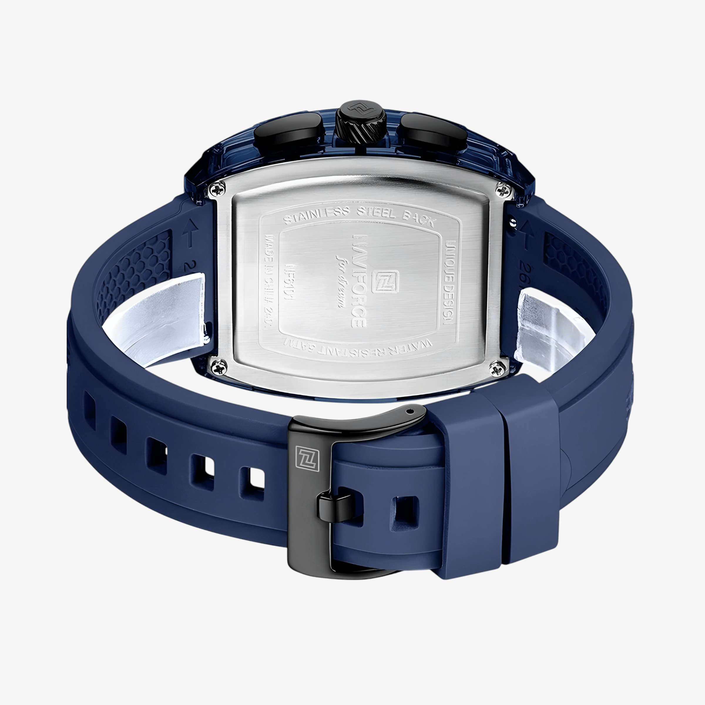 Zadnja strana muškog sata NaviForce NF6101 sa plavim silikonskim kaišem i crnim kućištem