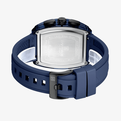 Zadnja strana muškog sata NaviForce NF6101 sa plavim silikonskim kaišem i crnim kućištem