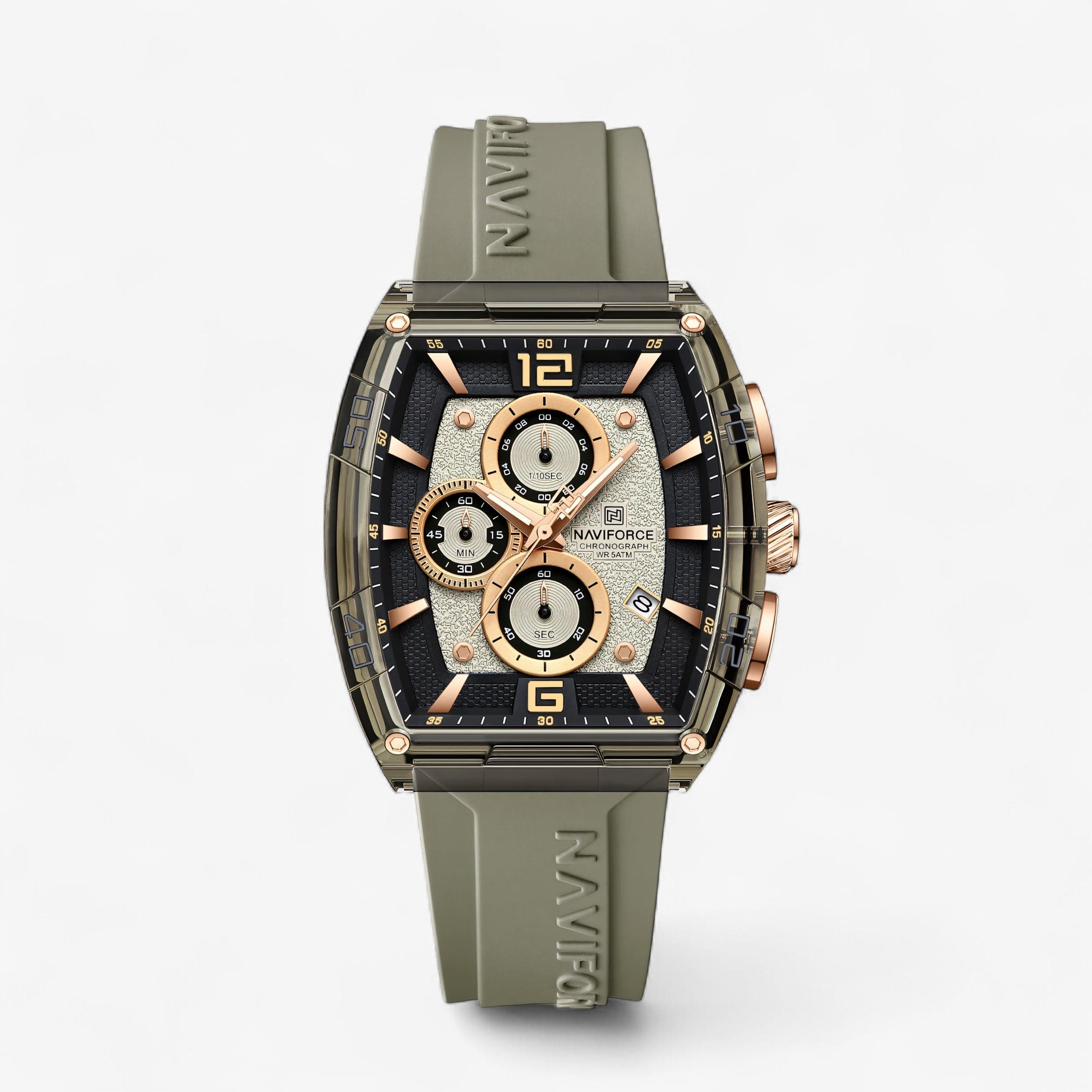 Prednji prikaz muškog sata Naviforce NF6101 u maslinasto zelenoj boji sa zlatnim detaljima – elegantan sportski dizajn
