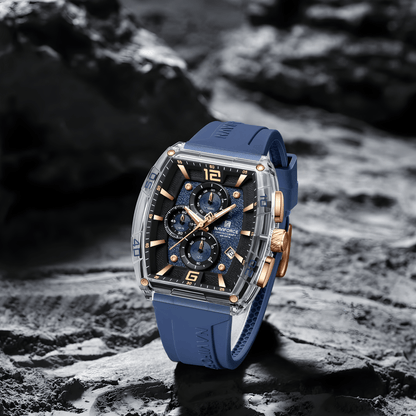 Ugaoni pogled na sat NF6101, polikarbonatno kockasto kućište i fleksibilna silikonska narukvica