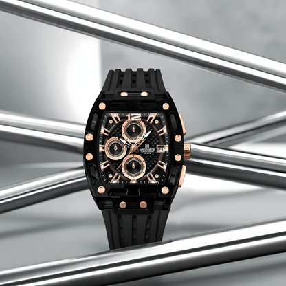 Muški sat NaviForce NF7105 u lifestyle prikazu, sportski crni dizajn sa zlatnim detaljima