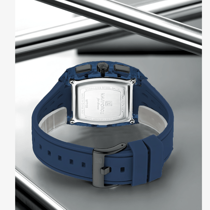 Poleđina muškog sata NaviForce NF7105 sa polikarbonatnim kućištem i plavom silikonskom narukvicom