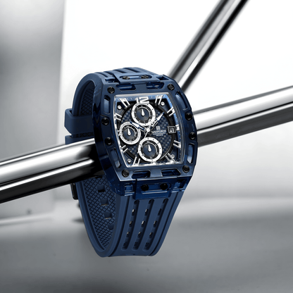 Bočni ugao sata NaviForce NF7105, kombinacija polikarbonatnog kućišta i plave silikonske narukvice