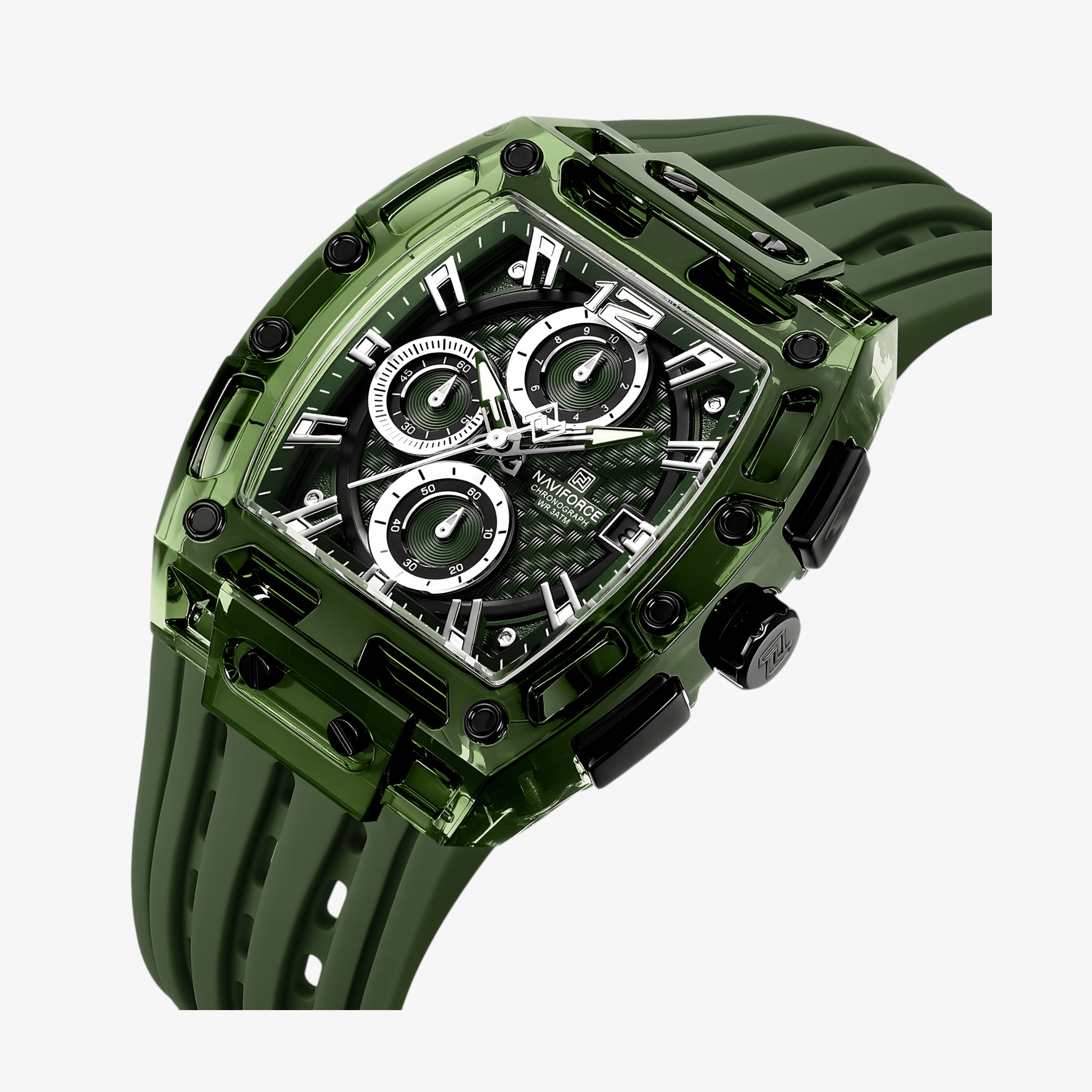 Detaljan prikaz brojčanika sata NaviForce NF7105, sportski raspored markera i jasno vidljive kazaljke