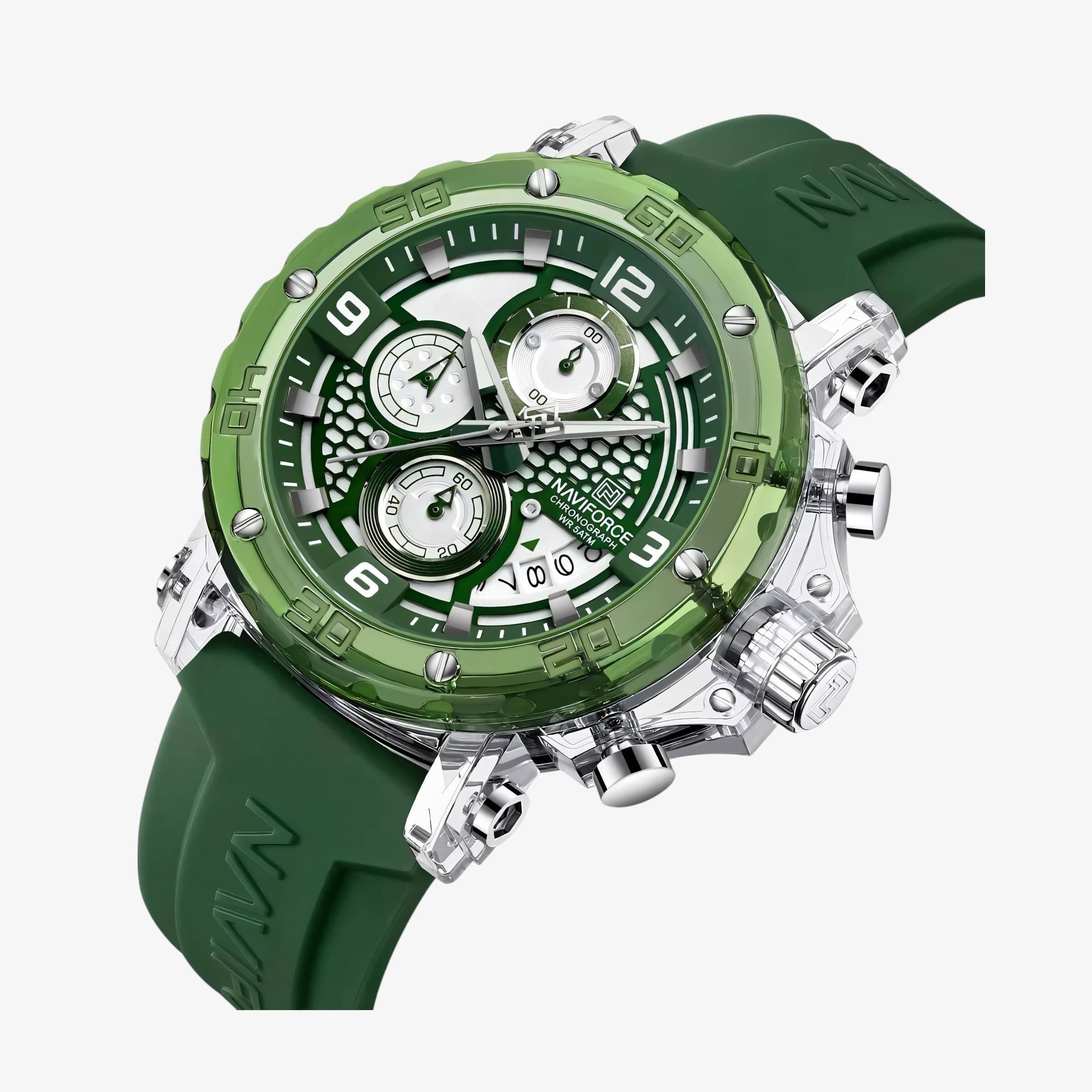 Muški sat NaviForce NF7123 - Zeleno-Srebrna Boja - Prikaz kućišta i brojčanika izbliza