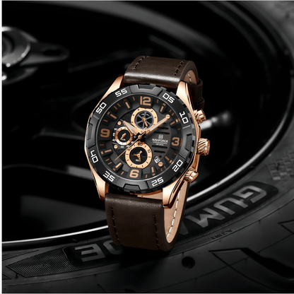 Prednja strana muškog sata NaviForce NF8043 u braon-zlatnoj kombinaciji, elegantno-sportski dizajn