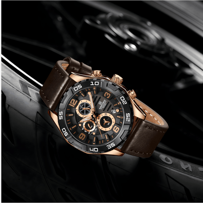 NaviForce NF8043 muški sat, čelično kućište u zlatnoj nijansi i braon kožna narukvica