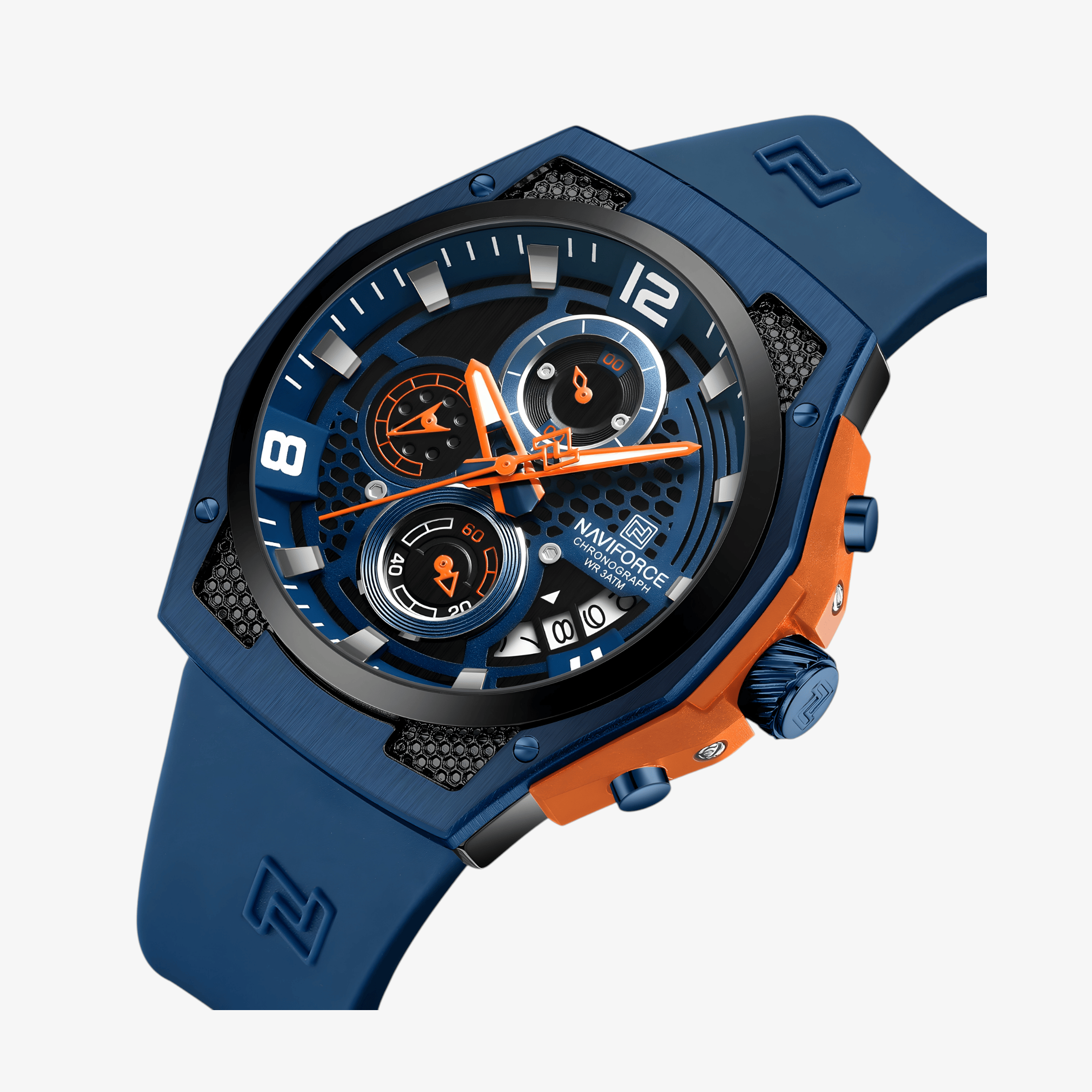 Detaljan prikaz plavog brojčanika modela NF8051T sa narandzastim detaljima na kucištu