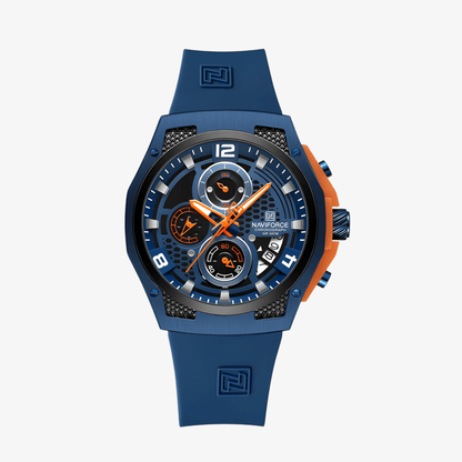 Prikaz prednje strane muškog sata NaviForce NF8051T u plavoj boji sa silikonskom narukvicom