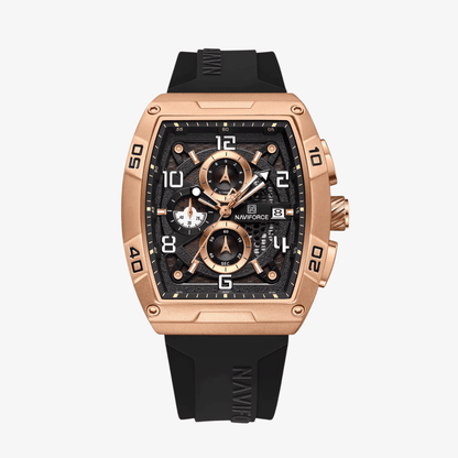 Prikaz prednje strane muškog sata NaviForce NF8052, crni brojčanik sa rose gold kućištem i silikonskom narukvicom