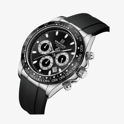 Detaljan prikaz crnog brojčanika modela NF8054 Daytona sa kontrastnim srebrnim elementima