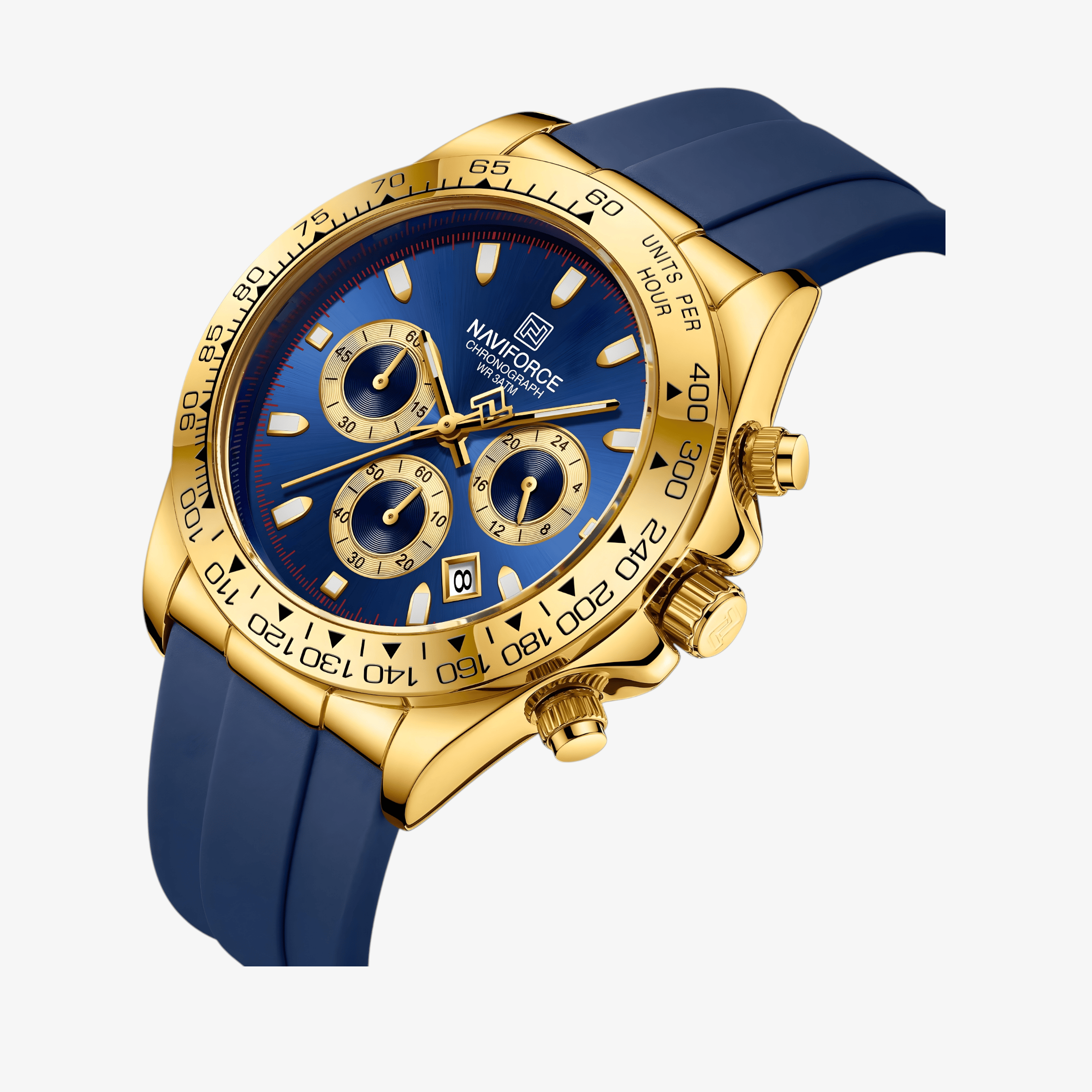 Detaljan prikaz plavog brojčanika sata NaviForce NF8054 Daytona sa zlatnim markerima