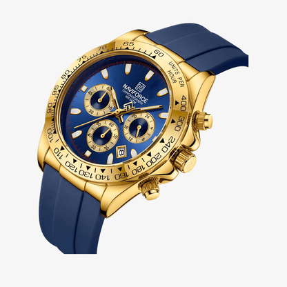 Detaljan prikaz plavog brojčanika sata NaviForce NF8054 Daytona sa zlatnim markerima