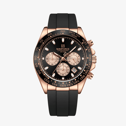Prednja strana muškog sata NaviForce NF8054 Daytona sa rose gold kućištem i crnim silikonskim kaišem