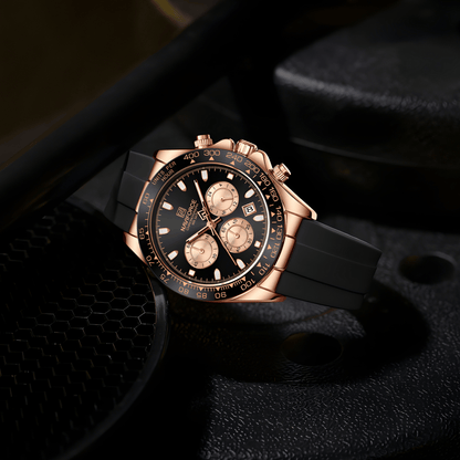 Ugaoni pogled na sat NF8054 Daytona, istaknuto rose gold kućište sa sportskim silikonskim kaišem