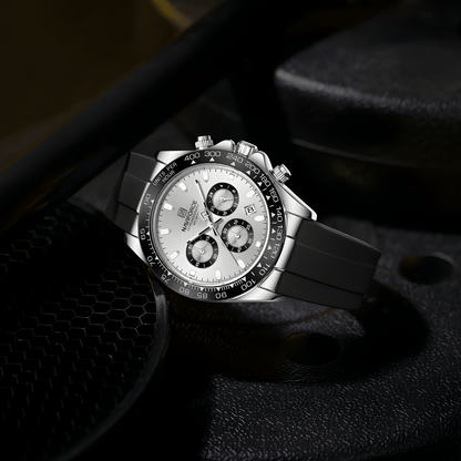 Ugaoni prikaz sata NaviForce NF8054 Daytona, kombinacija srebrnog kućišta i fleksibilne silikonske narukvicerebrna Boja