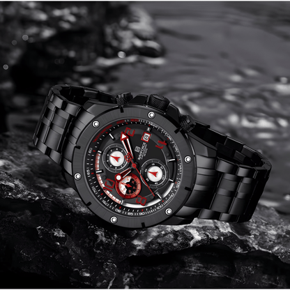 Ugaoni prikaz sata NaviForce NF8056, čelično kućište i metalna narukvica sa sportskim karakterom