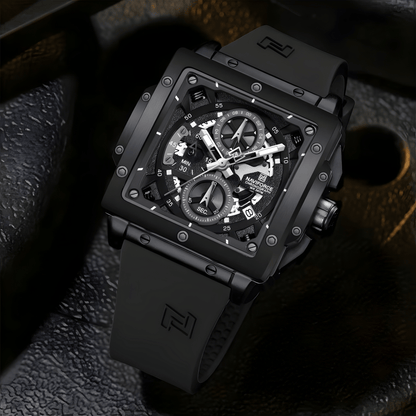 Muški sat NaviForce NF8064 Arrival u lifestyle prikazu, crna silikonska narukvica i moderno kockasto kućište