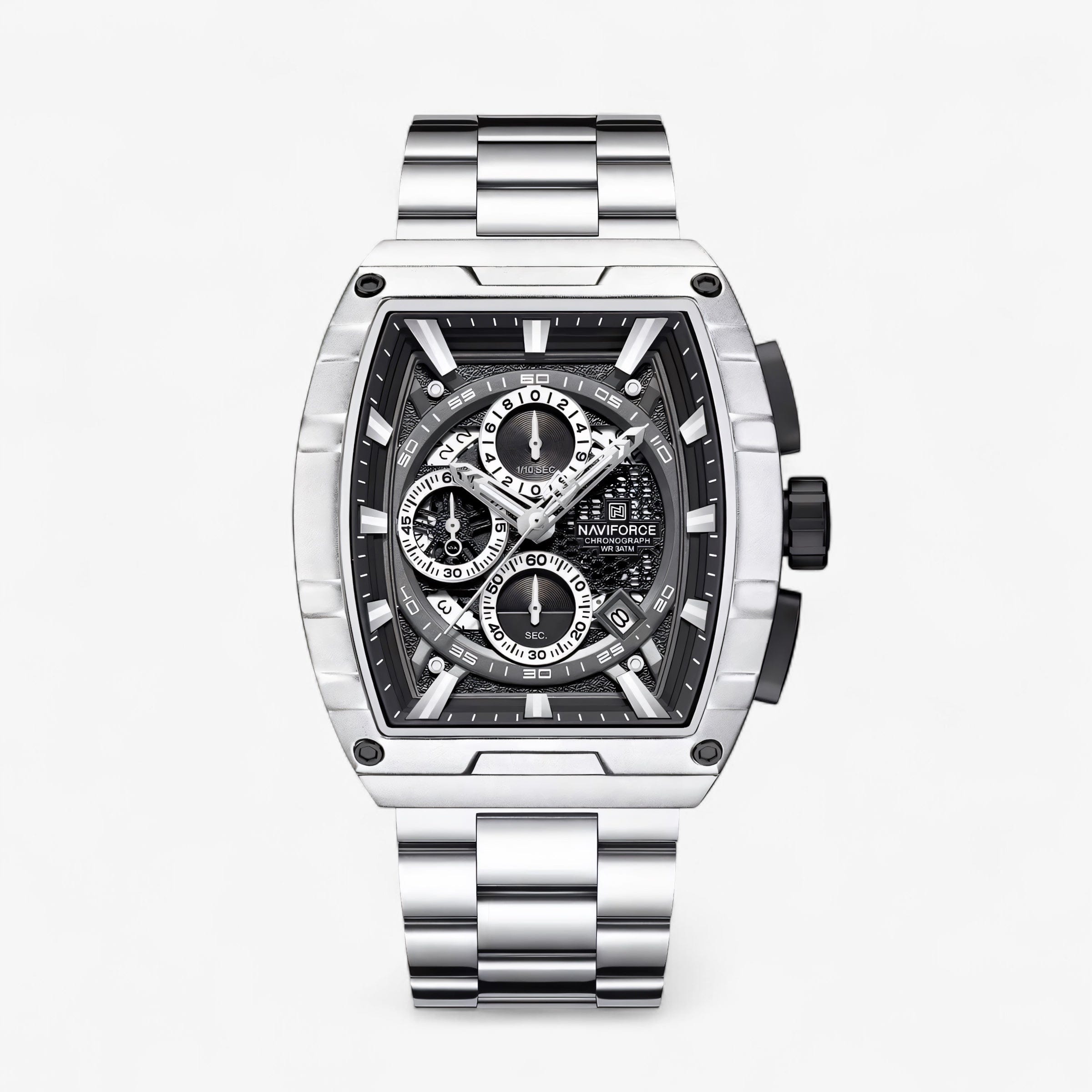Prednji pogled na Naviforce NF8066 muški sat, precizan prikaz kazaljki i narukvice u srebrnoj boji