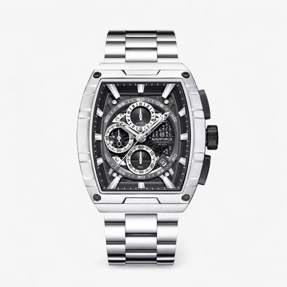 Prednji pogled na Naviforce NF8066 muški sat, precizan prikaz kazaljki i narukvice u srebrnoj boji