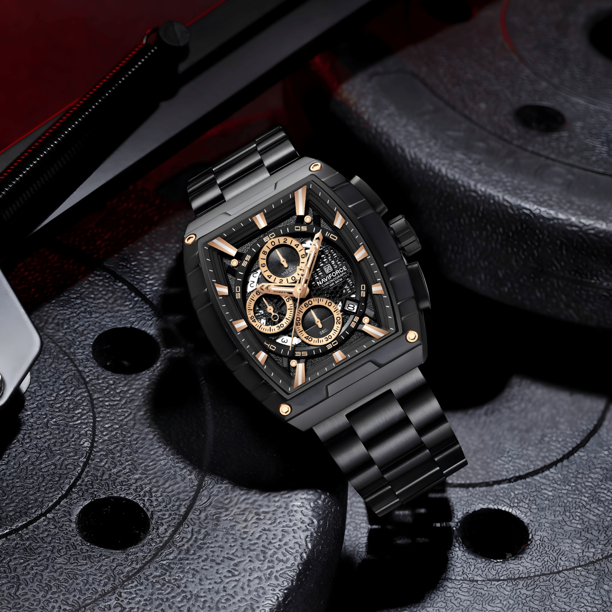 NaviForce NF8066 Titan muški sat crne boje sa rose gold detaljima na brojčaniku, stainless steel kućište i metalna narukvica