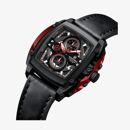 Krupni prikaz brojčanika sata NaviForce NF8067, crveni detalji i jasno vidljivi hronografi