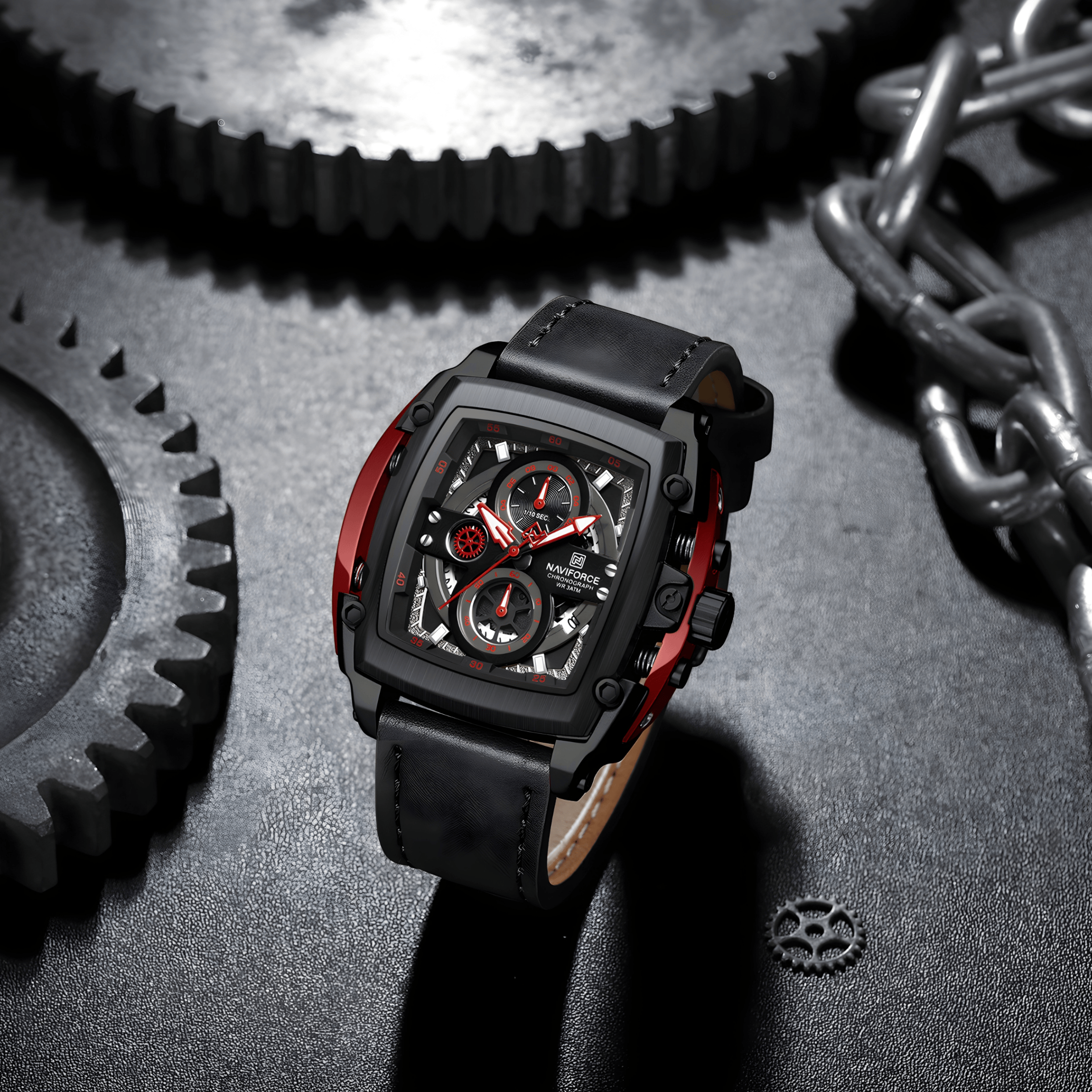 NaviForce NF8067 muški sat crno-crvene boje, čelično kućište i kožna narukvica u elegantno-sportskom stilu