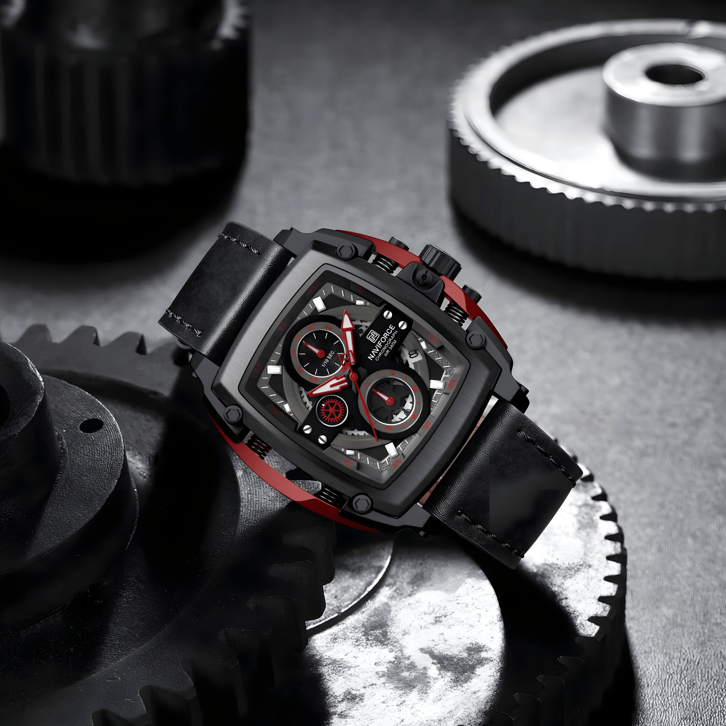 Prednji prikaz muškog sata NaviForce NF8067, sportski dizajn sa crnim kućištem i kožnom narukvicom