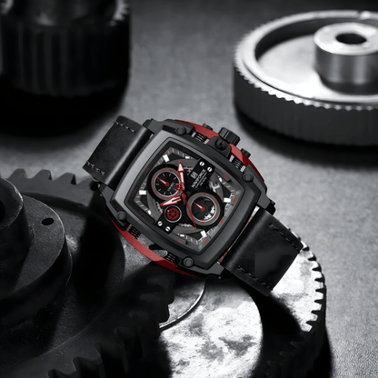 Prednji prikaz muškog sata NaviForce NF8067, sportski dizajn sa crnim kućištem i kožnom narukvicom