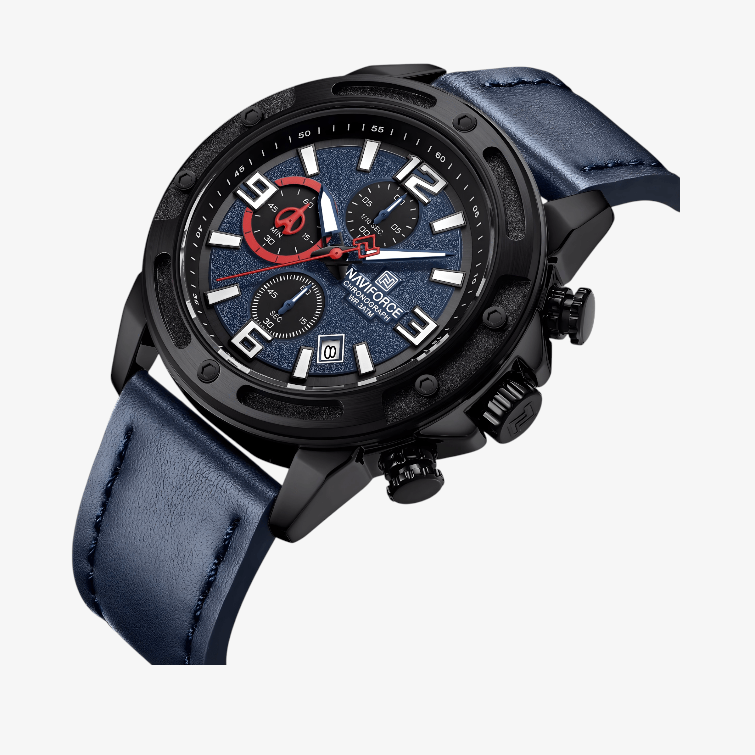 Detaljan prikaz plavog brojčanika sata NaviForce NF8074 sa jasno istaknutim markerima i kazaljkama