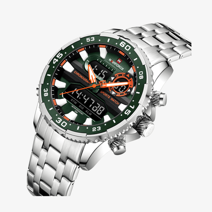 Detaljan prikaz zelenog brojčanika sata NaviForce NF9234 sa jasno izraženim markerima