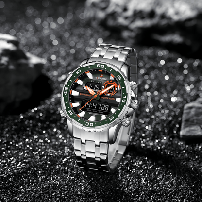 Prikazan NaviForce NF9234 muški sat sa srebrnim kućištem i metalnom srebrnom narukvicom