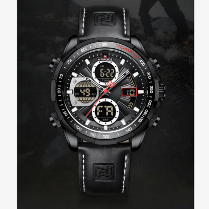 Muški sat NaviForce Ranger NF9197 u lifestyle fotografiji, crni model sa kožnom narukvicom prikaz spreda