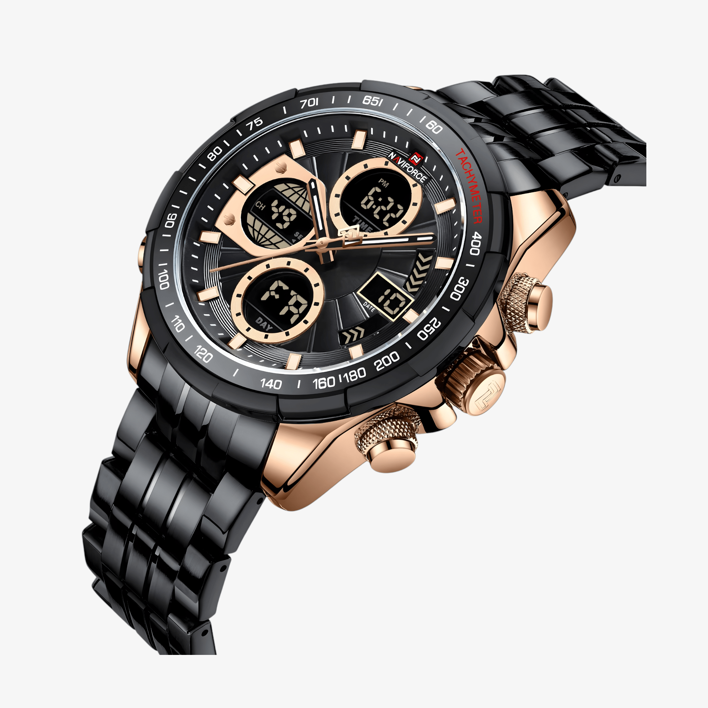 Prikaz brojčanika na muškom satu NaviForce NF9197 Ranger, rose gold akcenti i jasno izraženi markeri