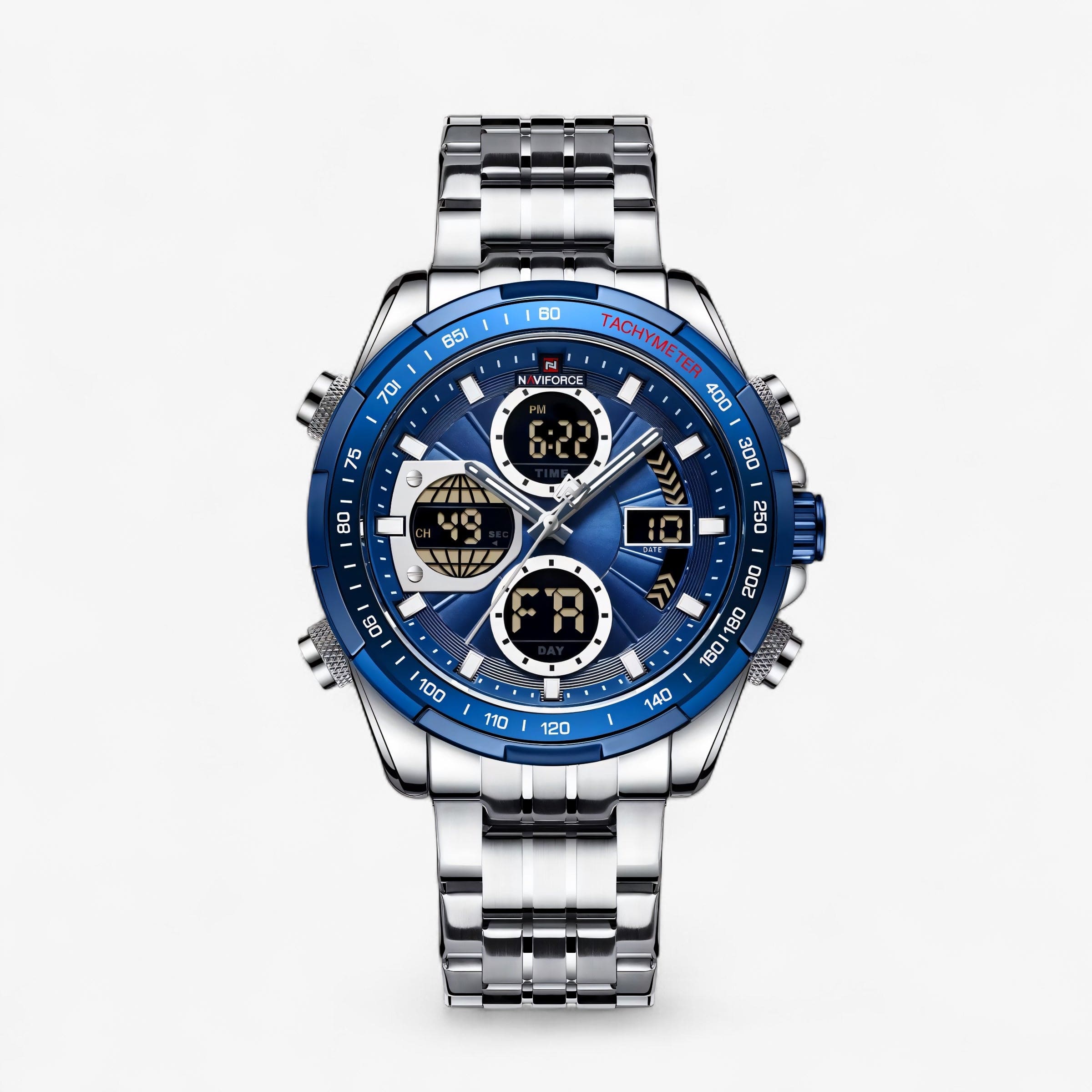 Naviforce NF9197 u plavoj boji – detaljan prikaz brojčanika, kucista i metalne narukvice