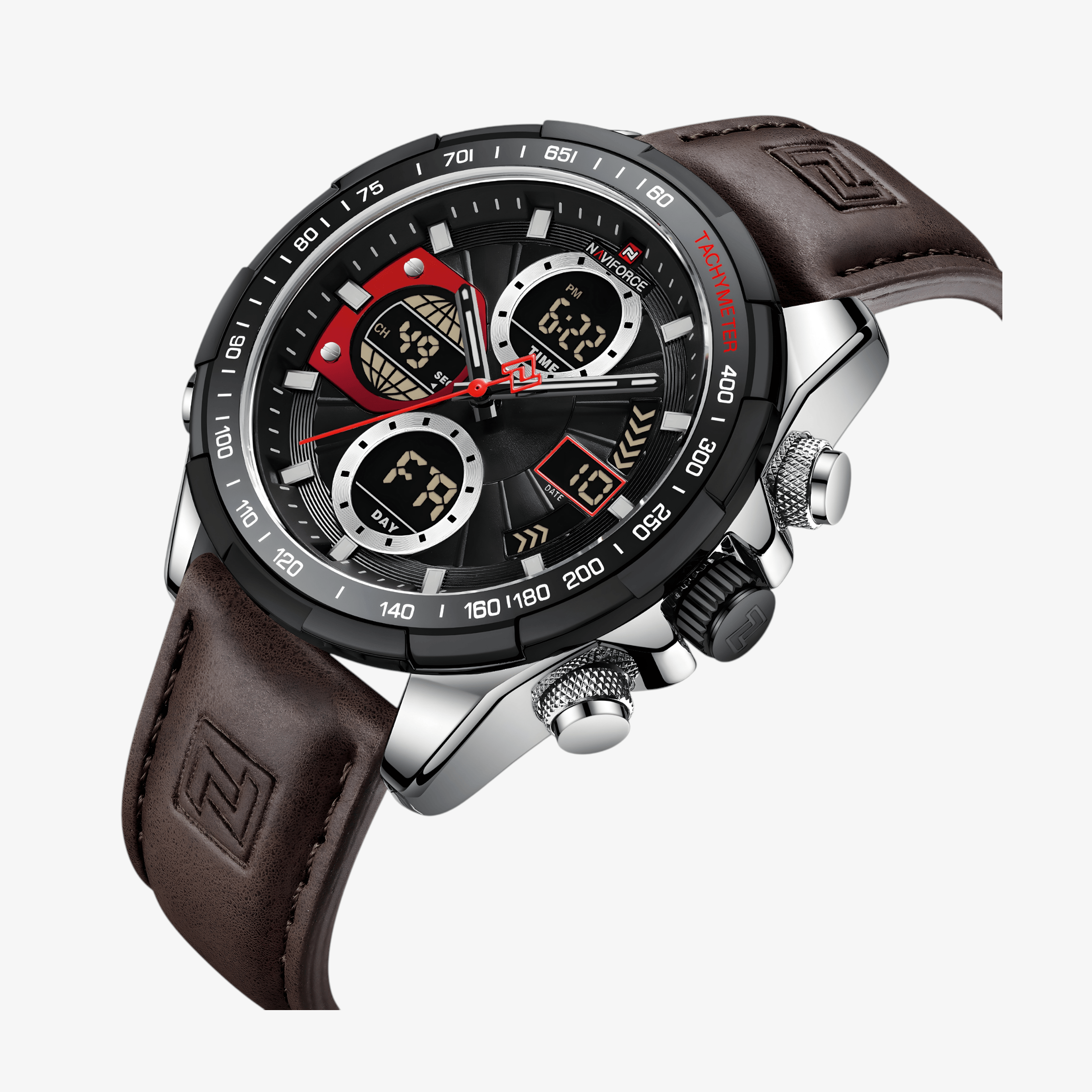 Detaljan prikaz brojčanika sata NaviForce Ranger NF9197 u tamno braon tonu sa jasno izraženim markerima