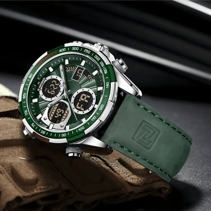 Ugaoni prikaz sata NF9197 sa naglašenim zelenim brojčanikom i prikazom dva vremena