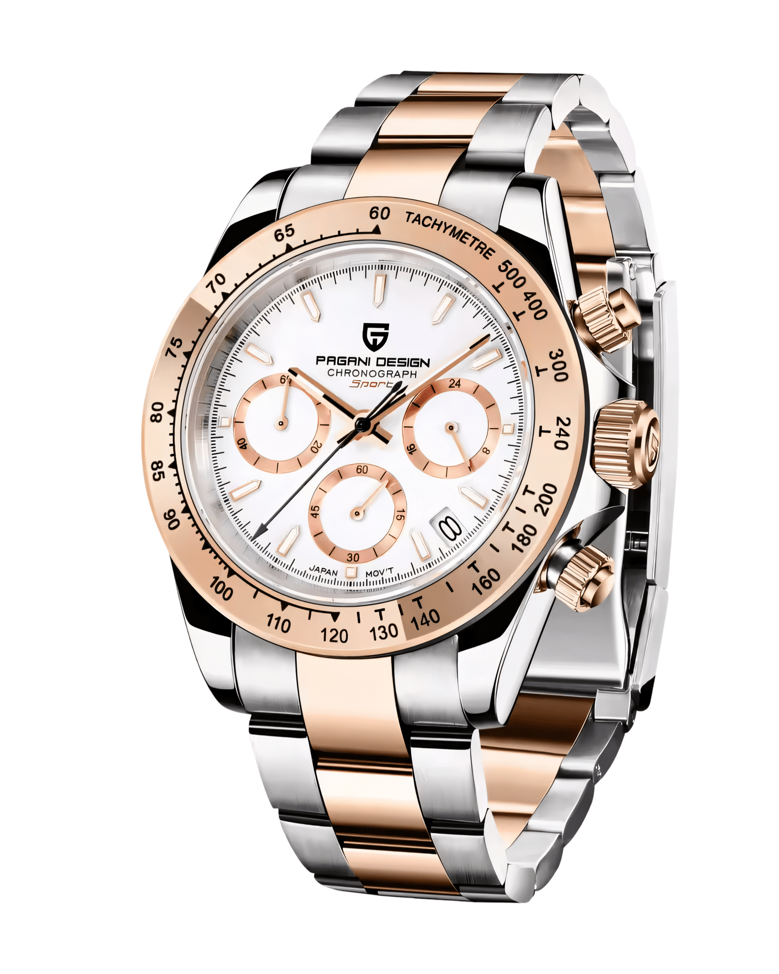 Pagani Design PD1664 Daytona Metal - Rose Gold-Bela -  Prikaz prednje strane muškog sata