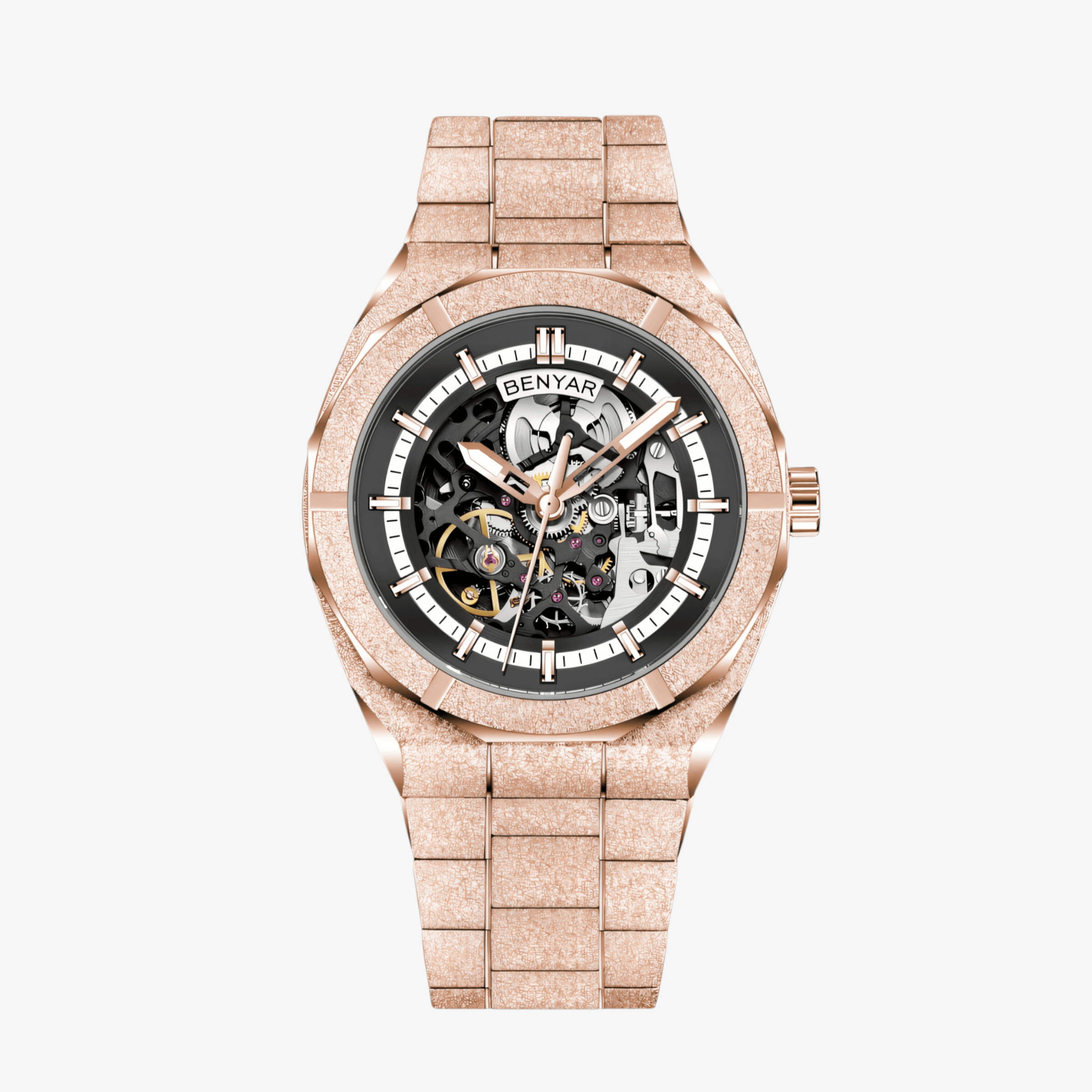 Prikaz prednje strane muškog skeleton sata Benyar BY-5212 u rose gold boji sa otvorenim brojčanikom