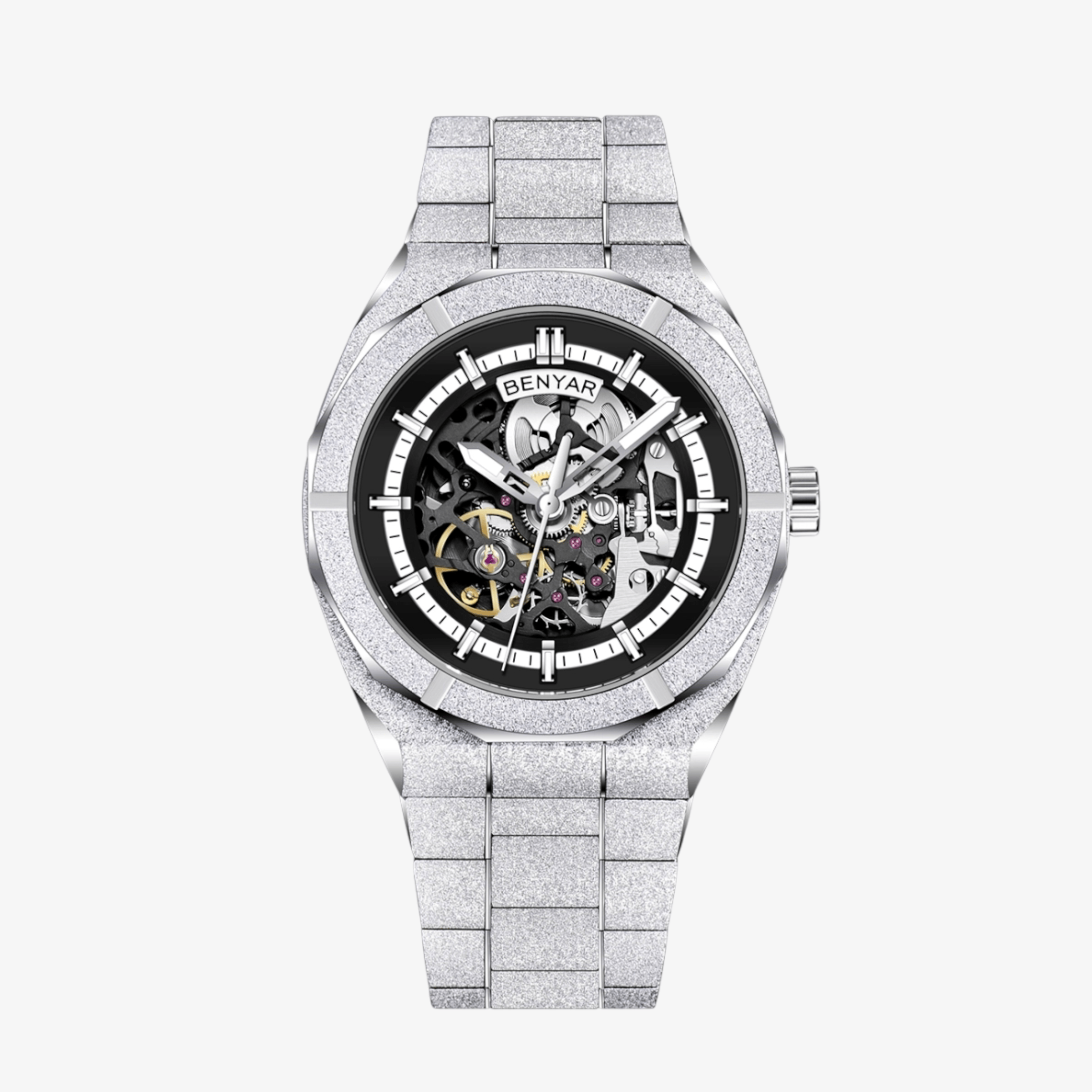 Prikaz prednje strane muškog skeleton sata Benyar BY-5212 u srebrnoj boji sa otvorenim brojčanikom