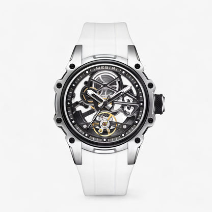 Prikaz prednje strane muškog skeleton sata Megir MN2243 sa čeličnim kućištem i belim kaišem