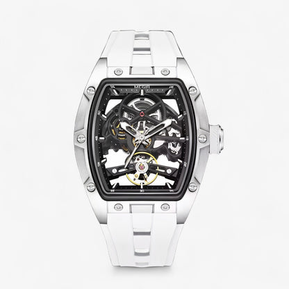 Prikaz prednje strane muškog skeleton sata Megir MN22 u beloj boji sa silikonskom narukvicom i kockastim kućištem