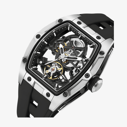 Detaljan prikaz otvorenog skeleton mehanizma modela Megir MN22 sa kockastim kućištem i vidljivim unutrašnjim komponentama